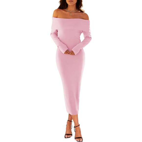 Merokeety Women's Lightpink Off Shoulder Long Sleeve Elegant Bodycon Midi Dress - Picture 3 of 9
